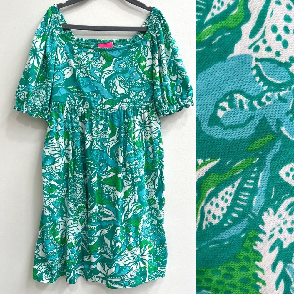 Lilly Pulitzer Delaney Botanical Green Safari‎ Sangria Print SZ L 10/12 Smocked